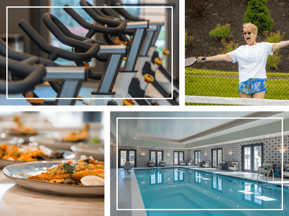 Collage of fitness equipment, fun activity, sumptuous food and swimming pool Collage of fitness equipment, fun activity, sumptuous food and swimming pool