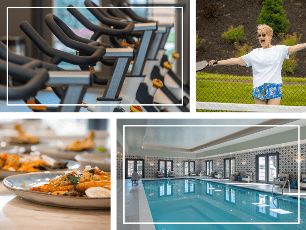 Collage of fitness equipment, fun activity, sumptuous food and swimming pool Collage of fitness equipment, fun activity, sumptuous food and swimming pool